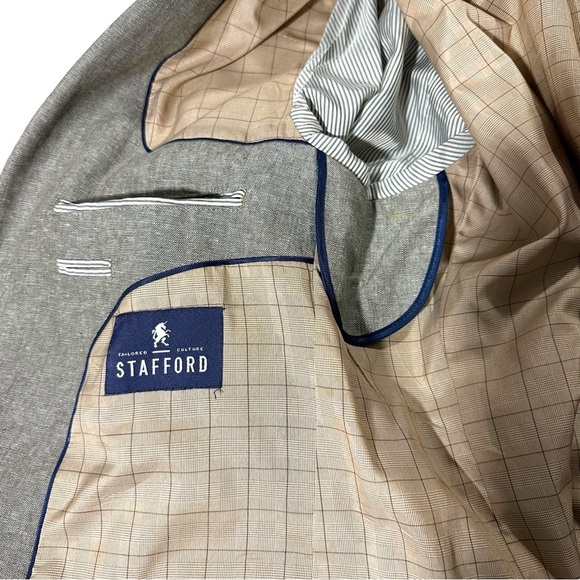 Stafford Mens Natural Brown 2 Button Linen Sports Jacket Size 44R Summer Wedding - Picture 11 of 16